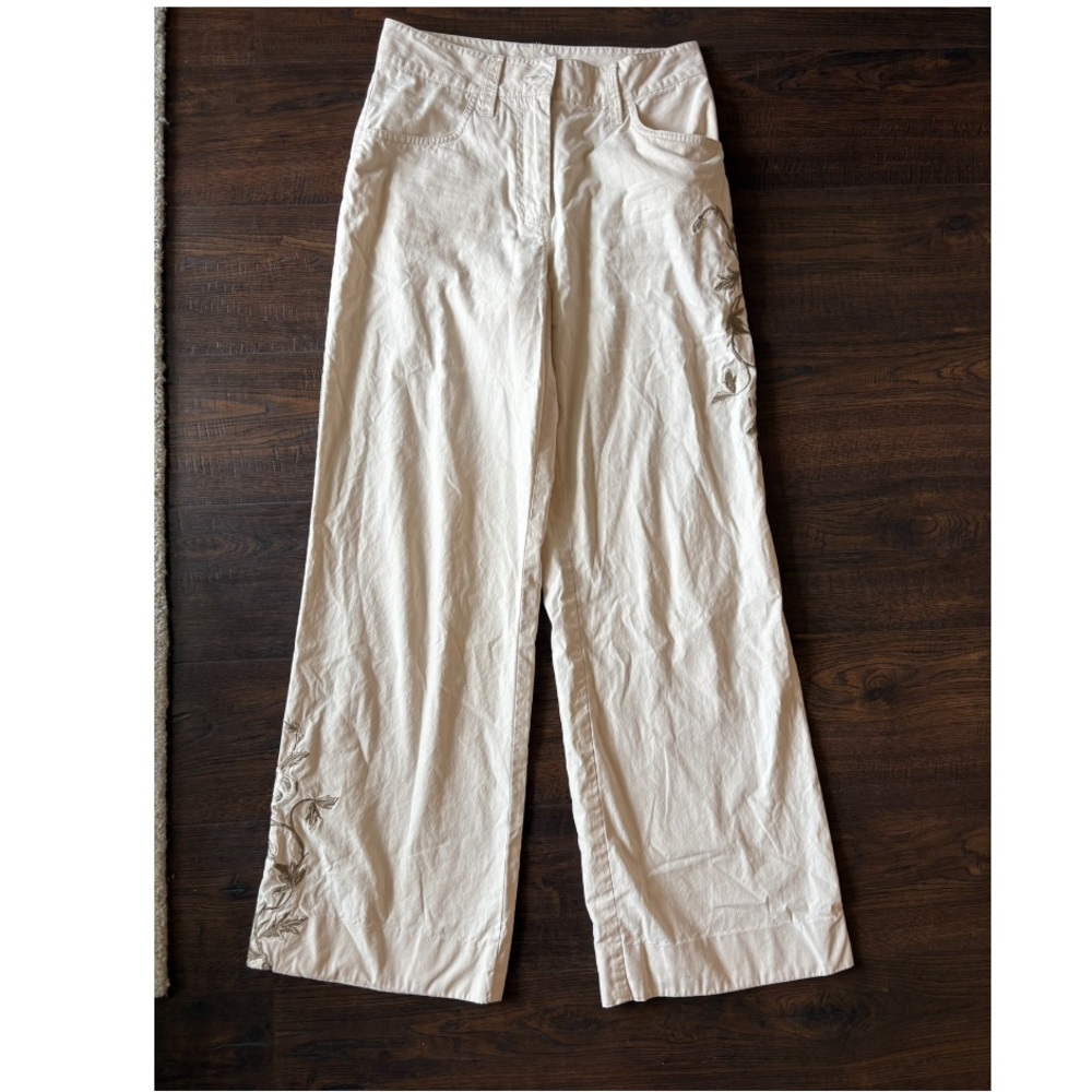 Vintage Express Cream Embroidered Floral Wide Leg Trousers